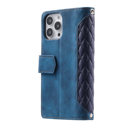 For iPhone 16 Pro Max Grid Texture Zipper Leather Phone Case with Lanyard(Blue) - iPhone 16 Pro Max Cases by buy2fix | Online Shopping UK | buy2fix