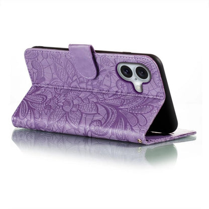 For iPhone 16 Lace Flower Embossing Flip Leather Phone Case(Purple) - iPhone 16 Cases by buy2fix | Online Shopping UK | buy2fix