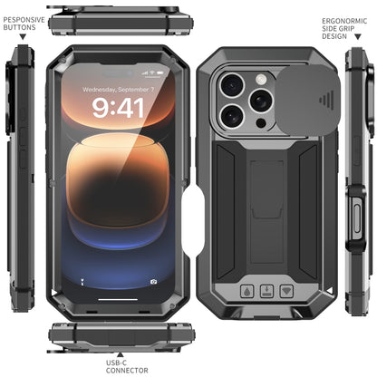 For iPhone 16 Pro Max R-JUST Sliding Camera IP54 Life Waterproof Holder Phone Case(Black) - iPhone 16 Pro Max Cases by R-JUST | Online Shopping UK | buy2fix