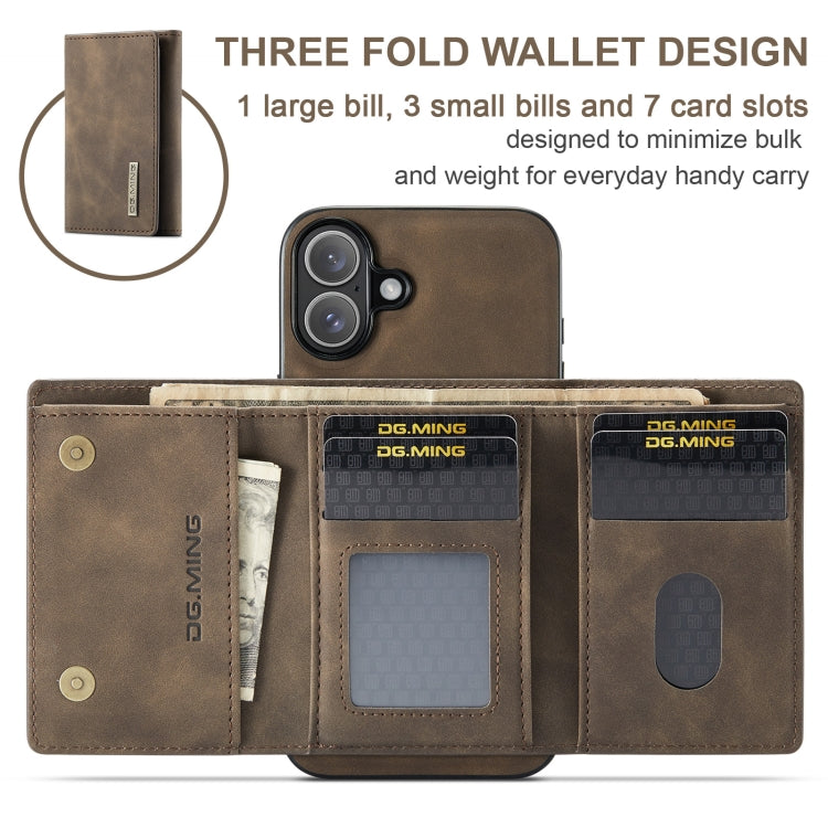 For iPhone 16 Plus DG.MING M1 Series 3-Fold Multi Card Wallet Leather Phone Case(Coffee) - iPhone 16 Plus Cases by DG.MING | Online Shopping UK | buy2fix