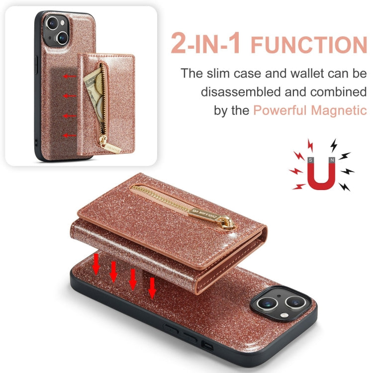 For iPhone 15 DG.MING M3 Series Glitter Powder Card Bag Leather Phone Case(Rose Gold) - iPhone 15 Cases by DG.MING | Online Shopping UK | buy2fix