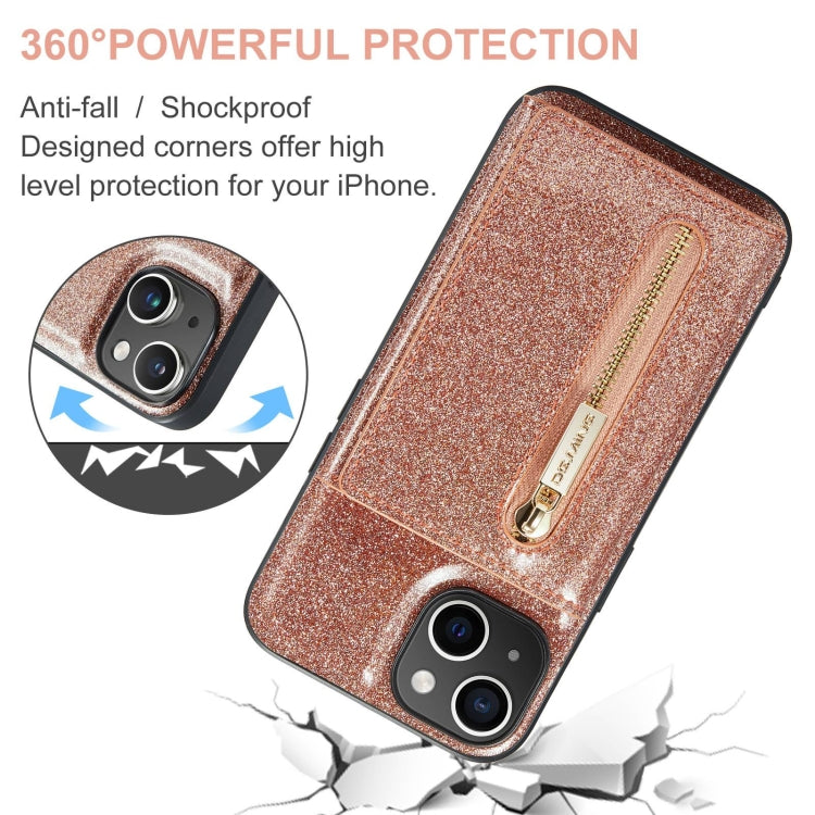 For iPhone 15 Plus DG.MING M3 Series Glitter Powder Card Bag Leather Phone Case(Rose Gold) - iPhone 15 Plus Cases by DG.MING | Online Shopping UK | buy2fix