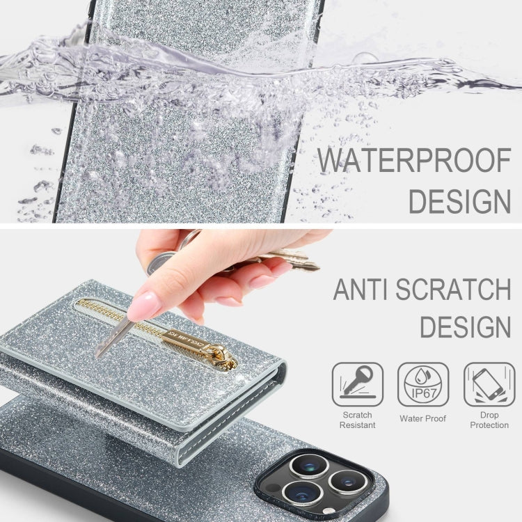 For iPhone 15 Pro Max DG.MING M3 Series Glitter Powder Card Bag Leather Phone Case(Silver) - iPhone 15 Pro Max Cases by DG.MING | Online Shopping UK | buy2fix