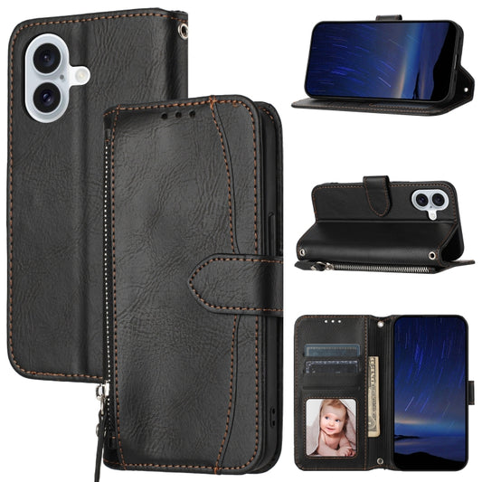 For iPhone 16 Oil Skin Zipper Wallet Leather Phone Case(Black) - iPhone 16 Cases by buy2fix | Online Shopping UK | buy2fix