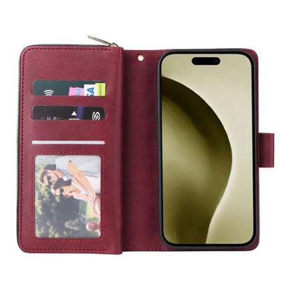 For iPhone 16 Pro 9 Card Slots Zipper Wallet Bag Leather Phone Case(Wine Red) - iPhone 16 Pro Cases by buy2fix | Online Shopping UK | buy2fix