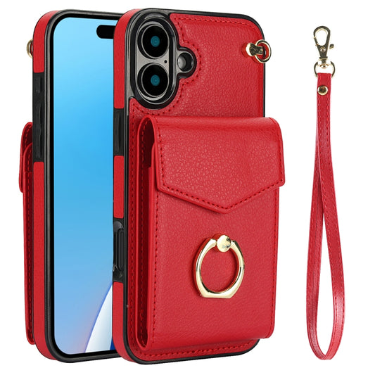 For iPhone 16 Plus Ring Holder RFID Card Slot Phone Case(Red) - iPhone 16 Plus Cases by buy2fix | Online Shopping UK | buy2fix