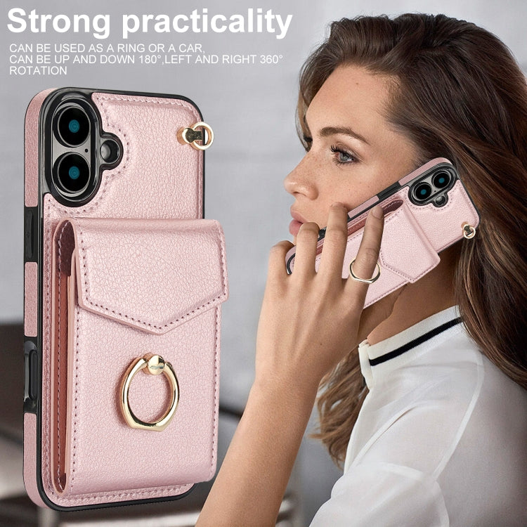 For iPhone 16 Plus Ring Holder RFID Card Slot Phone Case(Rose Gold) - iPhone 16 Plus Cases by buy2fix | Online Shopping UK | buy2fix