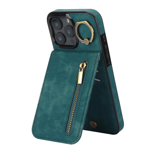 For iPhone 16 Pro Max Retro Ring and Zipper RFID Card Slot Phone Case(Blue) - iPhone 16 Pro Max Cases by buy2fix | Online Shopping UK | buy2fix