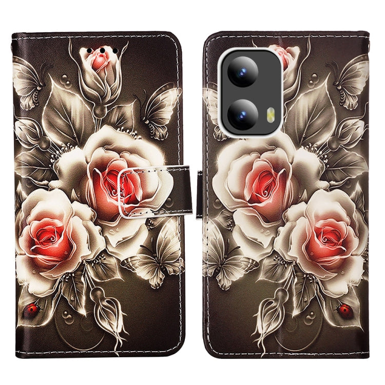 For Motorola Moto G Play 5G 2024 Colored Drawing Pattern Plain Weave Leather Phone Case(Roses On Black) - Motorola Cases by buy2fix | Online Shopping UK | buy2fix