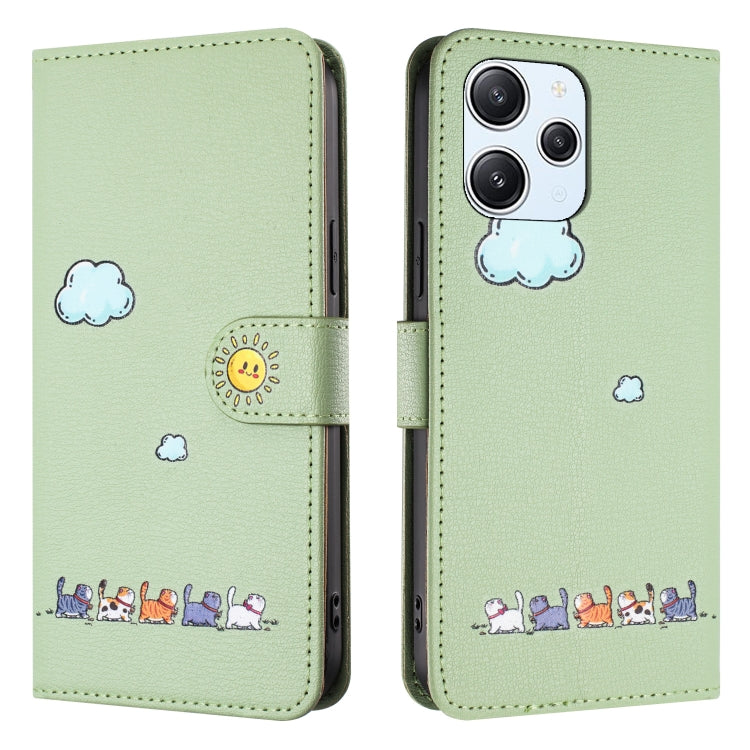 For Xiaomi Redmi 12 4G Cartoon Cats Leather Phone Case(Green) - Xiaomi Cases by buy2fix | Online Shopping UK | buy2fix