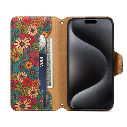 For iPhone 16 Plus Denior Flower Language Series Cork Fabric Oil Edge Leather Phone Case(Spring) - iPhone 16 Plus Cases by Denior | Online Shopping UK | buy2fix