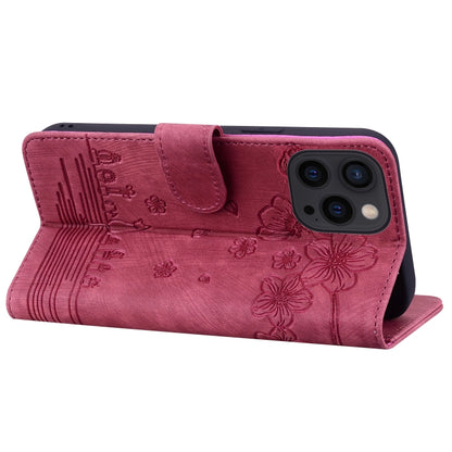 For iPhone 16 Pro Max Cartoon Sakura Cat Embossed Leather Phone Case(Wine Red) - iPhone 16 Pro Max Cases by buy2fix | Online Shopping UK | buy2fix