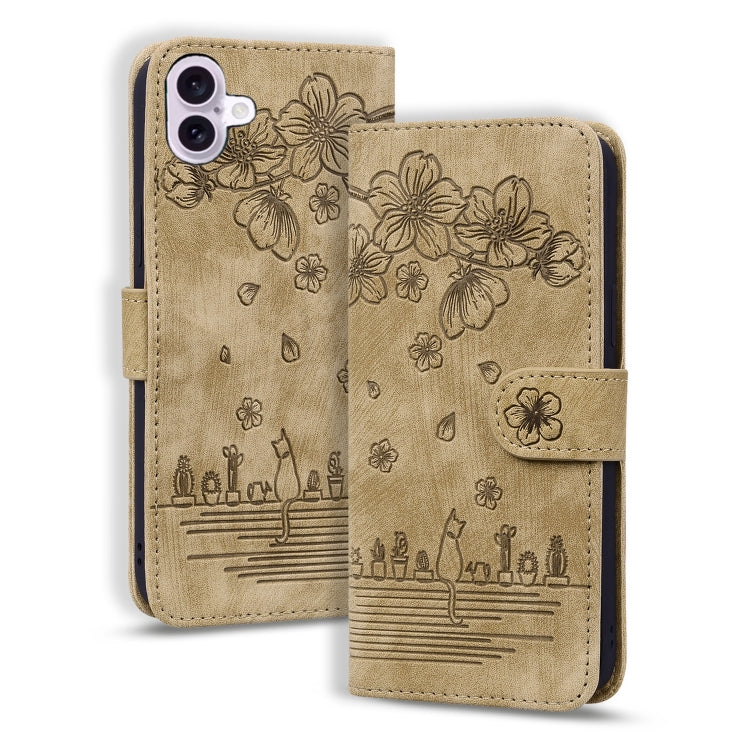 For iPhone 16 Plus Cartoon Sakura Cat Embossed Leather Phone Case(Brown) - iPhone 16 Plus Cases by buy2fix | Online Shopping UK | buy2fix