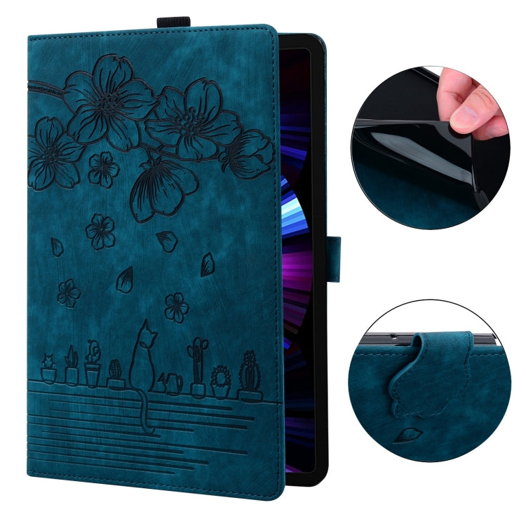 For Samsung Galaxy Tab S9 Ultra /S8 Ultra Cartoon Sakura Cat Embossed Leather Tablet Case(Blue) - Galaxy Tab S9 Ultra Cases by buy2fix | Online Shopping UK | buy2fix