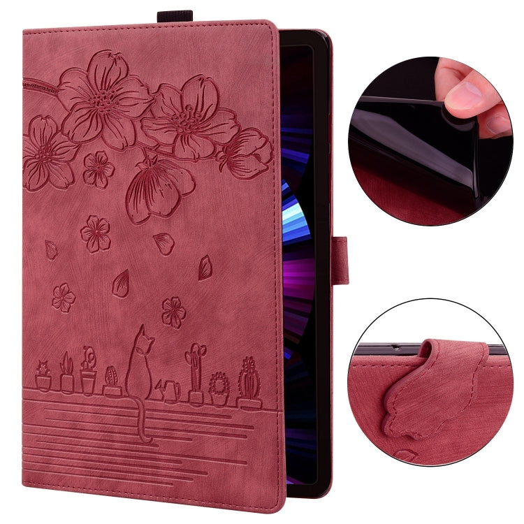 For Samsung Galaxy Tab S9 FE Cartoon Sakura Cat Embossed Leather Tablet Case(Red) - Galaxy Tab S9 FE by buy2fix | Online Shopping UK | buy2fix