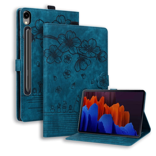 For Samsung Galaxy Tab S9 FE Cartoon Sakura Cat Embossed Leather Tablet Case(Blue) - Galaxy Tab S9 FE by buy2fix | Online Shopping UK | buy2fix