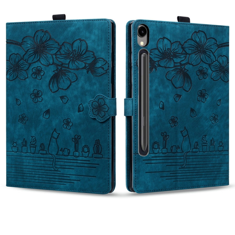 For Samsung Galaxy Tab S9 FE Cartoon Sakura Cat Embossed Leather Tablet Case(Blue) - Galaxy Tab S9 FE by buy2fix | Online Shopping UK | buy2fix