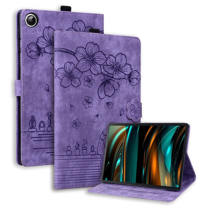 For Lenovo Tab M11 / Xiaoxin Pad 11 2024 Cartoon Sakura Cat Embossed Leather Tablet Case(Purple) - Lenovo by buy2fix | Online Shopping UK | buy2fix