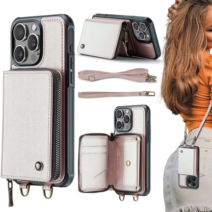 For iPhone 16 Pro JEEHOOD C22 Series Zipper Wallet Leather Phone Case with Dual Lanyard(Rose Gold) - iPhone 16 Pro Cases by JEEHOOD | Online Shopping UK | buy2fix