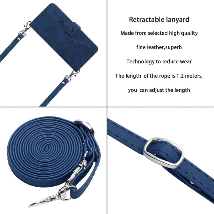 For OPPO Reno11 5G Global Skin Feel Heart Embossed Leather Phone Case with Long Lanyard(Blue) - Reno11 Cases by buy2fix | Online Shopping UK | buy2fix