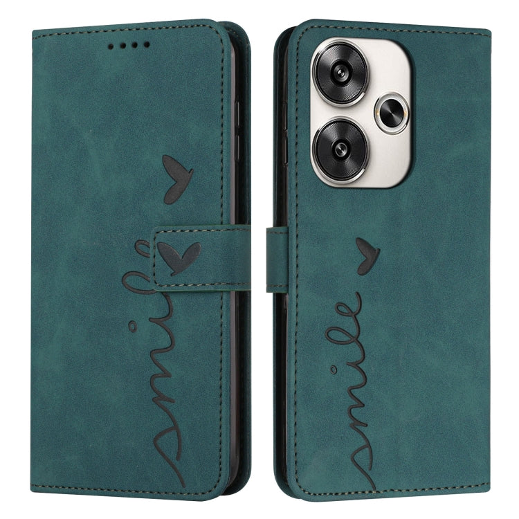 For Xiaomi Redmi Turbo 3 Skin Feel Heart Embossed Leather Phone Case with Long Lanyard(Green) - Xiaomi Cases by buy2fix | Online Shopping UK | buy2fix