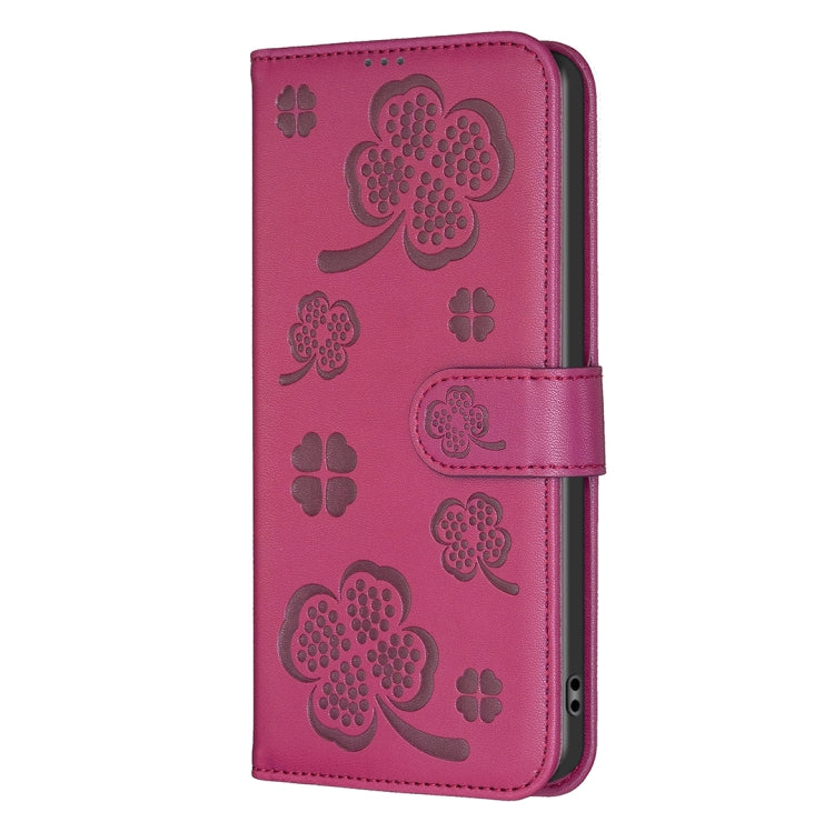 For iPhone 16 Pro Four-leaf Embossed Leather Phone Case(Rose Red) - iPhone 16 Pro Cases by buy2fix | Online Shopping UK | buy2fix