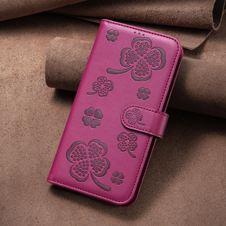 For iPhone 16 Four-leaf Embossed Leather Phone Case(Rose Red) - iPhone 16 Cases by buy2fix | Online Shopping UK | buy2fix