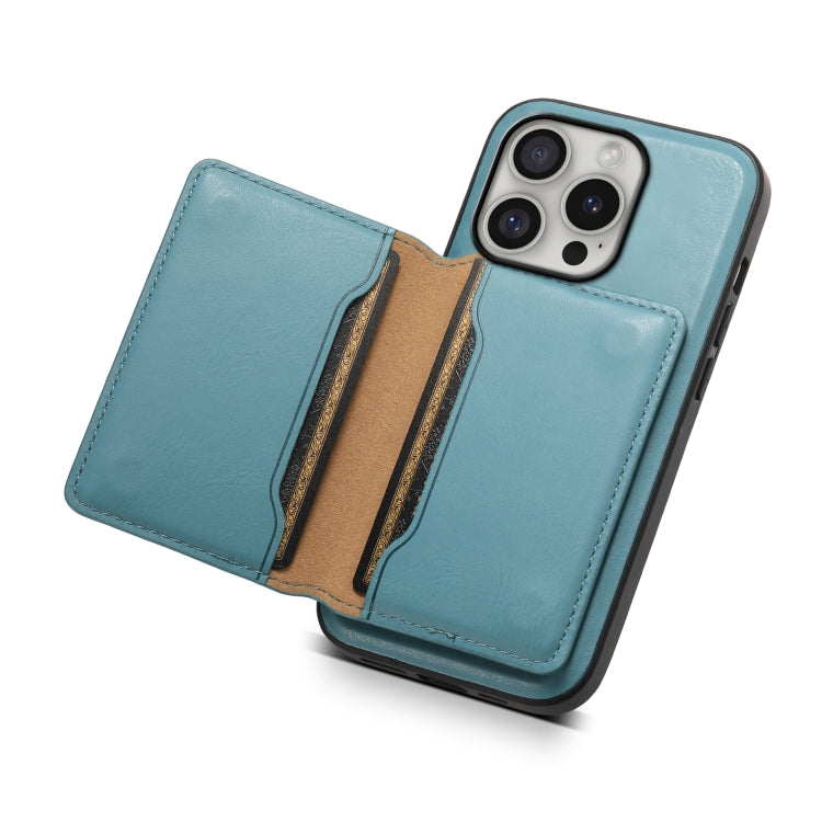 For iPhone 16 Pro Denior Cowhide Texture Leather MagSafe Detachable Wallet Phone Case(Blue) - iPhone 16 Pro Cases by Denior | Online Shopping UK | buy2fix