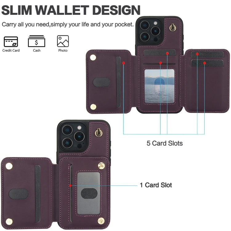 For iPhone 16 Pro YM006 Skin Feel Zipper Card Bag Phone Case with Dual Lanyard(Dark Purple) - iPhone 16 Pro Cases by buy2fix | Online Shopping UK | buy2fix