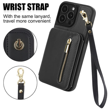 For iPhone 16 Pro YM006 Skin Feel Zipper Card Bag Phone Case with Dual Lanyard(Black) - iPhone 16 Pro Cases by buy2fix | Online Shopping UK | buy2fix