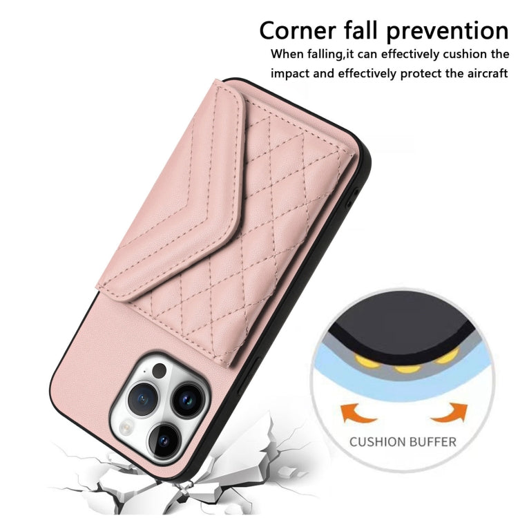 For iPhone 16 Pro Max Rhombic Texture Card Bag RFID Phone Case with Long Lanyard(Rose Gold) - iPhone 16 Pro Max Cases by buy2fix | Online Shopping UK | buy2fix