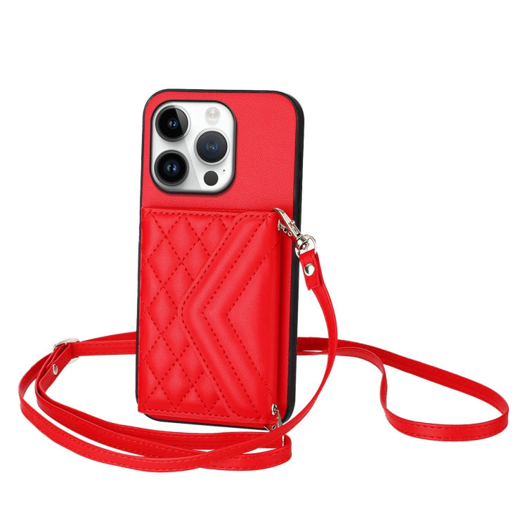 For iPhone 16 Pro Rhombic Texture Card Bag RFID Phone Case with Long Lanyard(Red) - iPhone 16 Pro Cases by buy2fix | Online Shopping UK | buy2fix