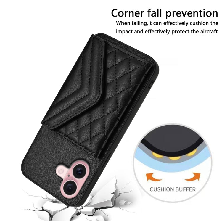 For iPhone 16 Rhombic Texture Card Bag RFID Phone Case with Long Lanyard(Black) - iPhone 16 Cases by buy2fix | Online Shopping UK | buy2fix