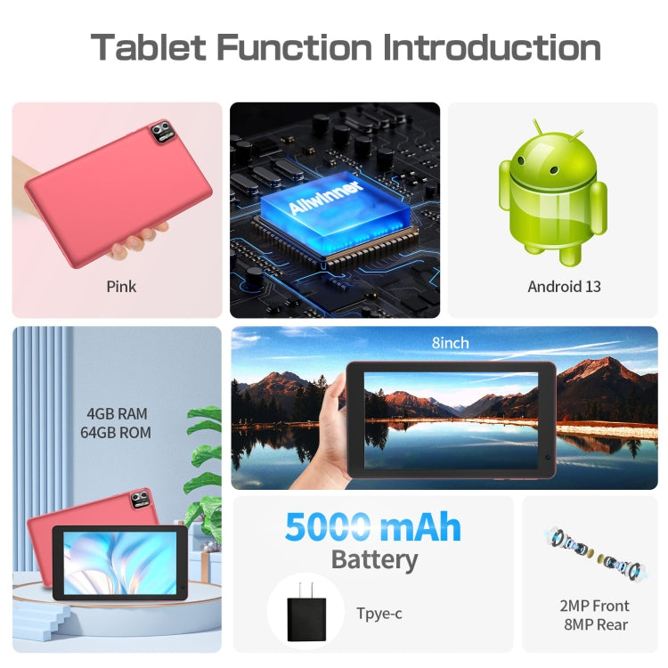 Pritom B8 WiFi Tablet PC 8 inch,  4GB+64GB, Android 13 Allwinner A523 Octa Core CPU Support Google Play(Pink) - Other by PRITOM | Online Shopping UK | buy2fix