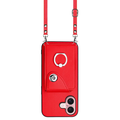 For iPhone 16 Organ Card Bag Ring Holder Phone Case with Long Lanyard(Red) - iPhone 16 Cases by buy2fix | Online Shopping UK | buy2fix