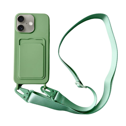 For iPhone 16 Plus Card Slot Liquid Silicone Phone Case with Lanyard(Matcha Green) - iPhone 16 Plus Cases by buy2fix | Online Shopping UK | buy2fix