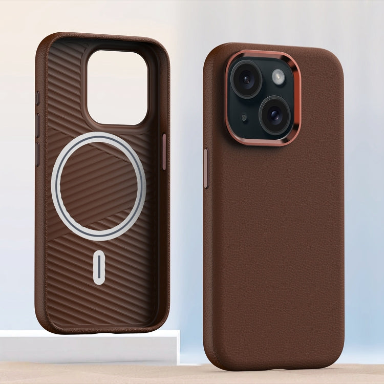 For iPhone 15 Metal Lens Frame Leather Magsafe Full Coverage Shockproof Phone Case(Brown) - iPhone 15 Cases by buy2fix | Online Shopping UK | buy2fix