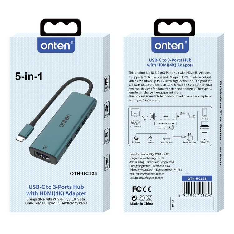 Onten UC123 5 in 1 USB-C / Type-C to HDMI + USB3.0 HUB Docking Station with 5V Input - USB HUB by Onten | Online Shopping UK | buy2fix