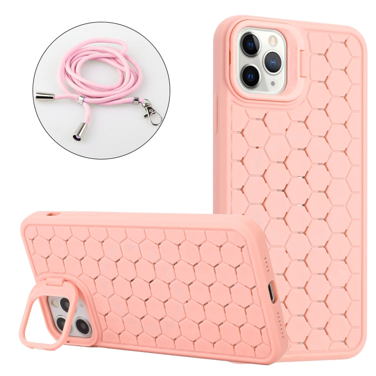 For iPhone 15 Pro Honeycomb Radiating Lens Holder Magsafe Phone Case with Lanyard(Pink) - iPhone 15 Pro Cases by buy2fix | Online Shopping UK | buy2fix