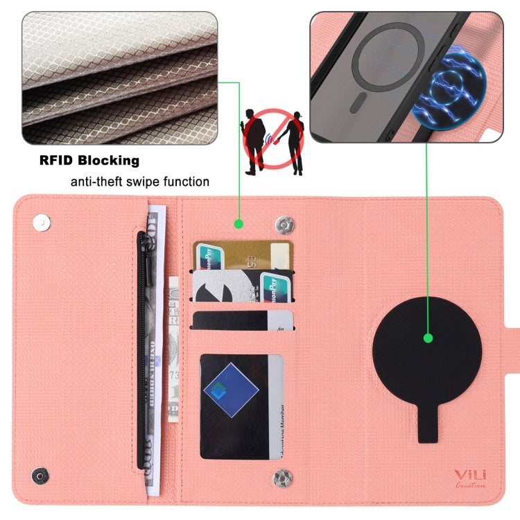 For Google Pixel 8 Pro ViLi GHB Series MagSafe Magnetic Zipper Leather Phone Case(Pink) - Google Cases by ViLi | Online Shopping UK | buy2fix