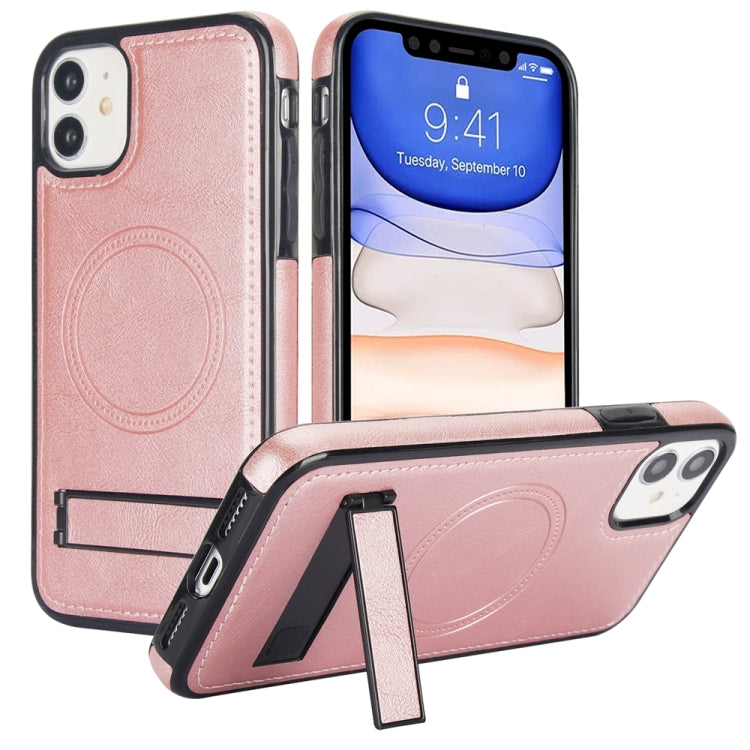 For iPhone 11 Retro Leather Invisible Stand MagSafe Phone Case(Rose Gold) - iPhone 11 Cases by buy2fix | Online Shopping UK | buy2fix