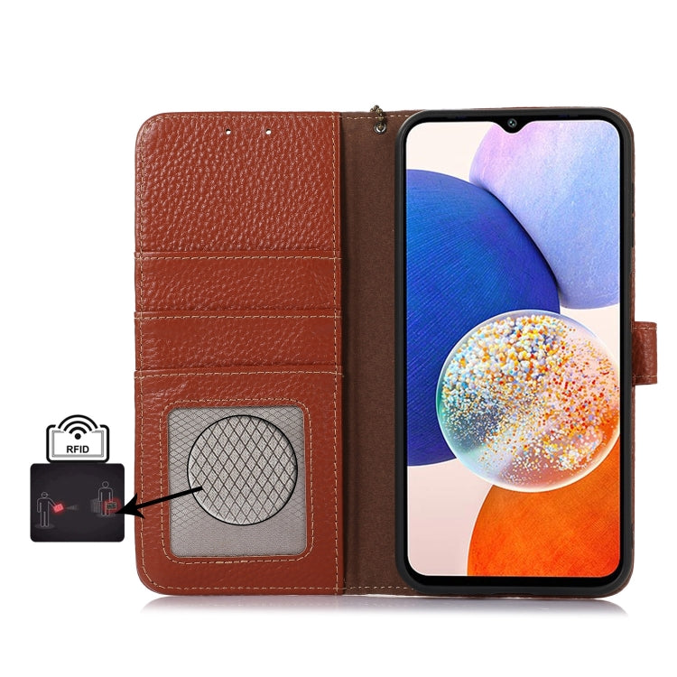 For OnePlus 13 Genuine Leather Litchi Texture RFID Leather Phone Case(Coffee) - OnePlus Cases by buy2fix | Online Shopping UK | buy2fix