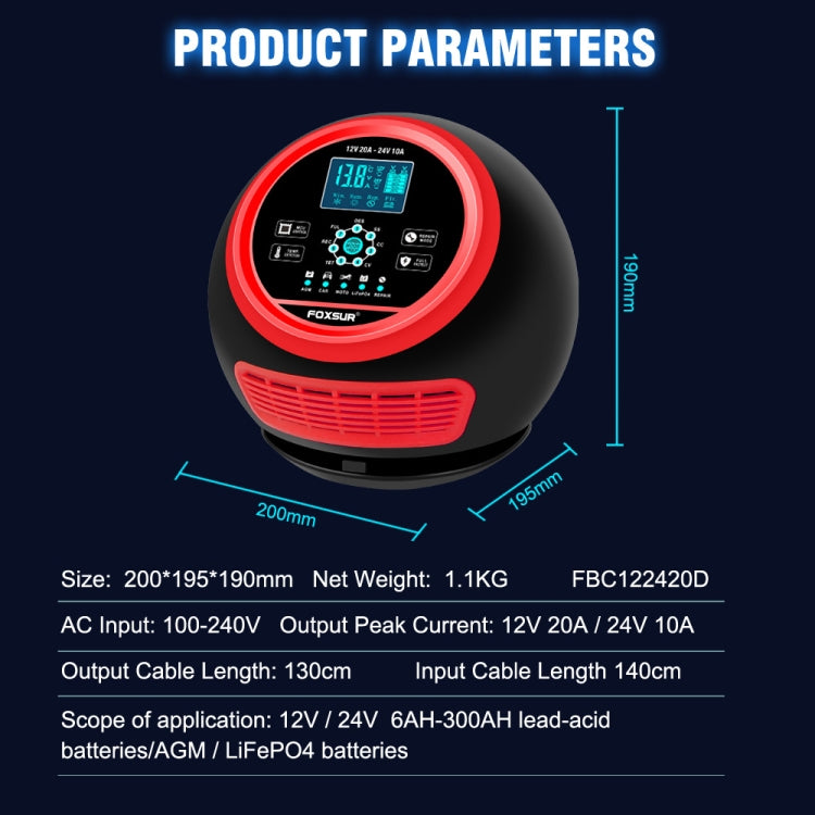 FOXSUR 20A 12V 24V Car / Motorcycle Smart Battery Charger, Plug Type:EU Plug(Red) - Battery Charger by FOXSUR | Online Shopping UK | buy2fix