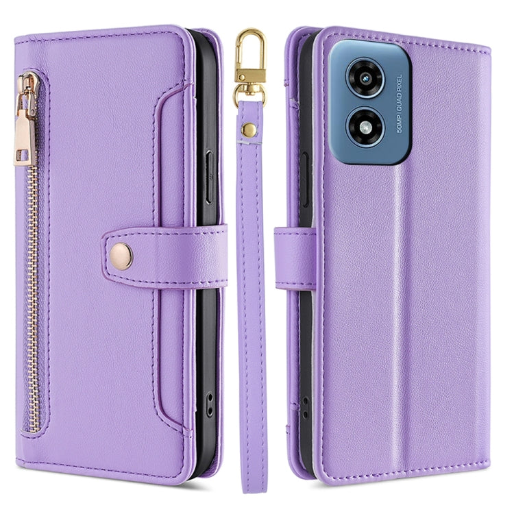 For Motorola Moto G Play 4G 2024 Sheep Texture Cross-body Zipper Wallet Leather Phone Case(Purple) - Motorola Cases by buy2fix | Online Shopping UK | buy2fix