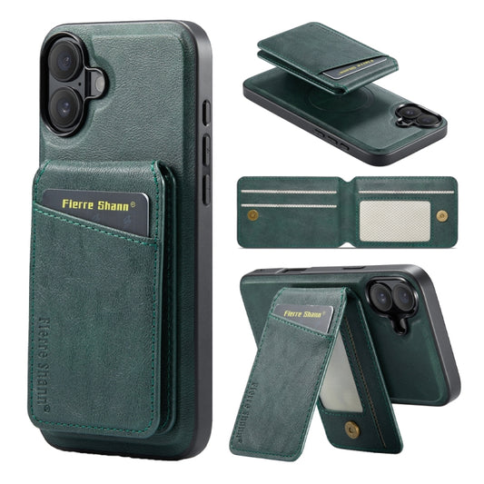 For iPhone 16 Plus Fierre Shann Oil Wax Cow Leather Magnetic Card Holder Phone Case(Green) - iPhone 16 Plus Cases by FIERRE SHANN | Online Shopping UK | buy2fix