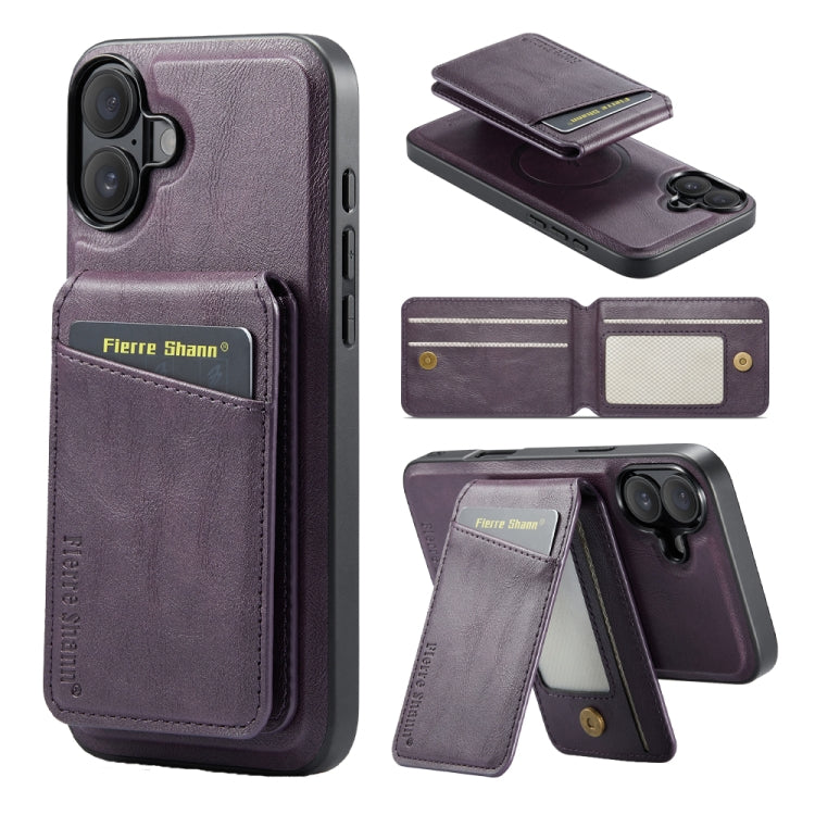 For iPhone 16 Fierre Shann Cowhide Vertical Flip Magnetic Card Holder Phone Case(Purple) - iPhone 16 Cases by FIERRE SHANN | Online Shopping UK | buy2fix