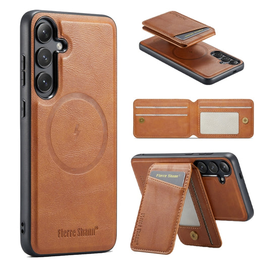 For Samsung Galaxy S24+ 5G Fierre Shann Oil Wax Cow Leather Magnetic Card Holder Phone Case(Brown) - Galaxy S24+ 5G Cases by FIERRE SHANN | Online Shopping UK | buy2fix