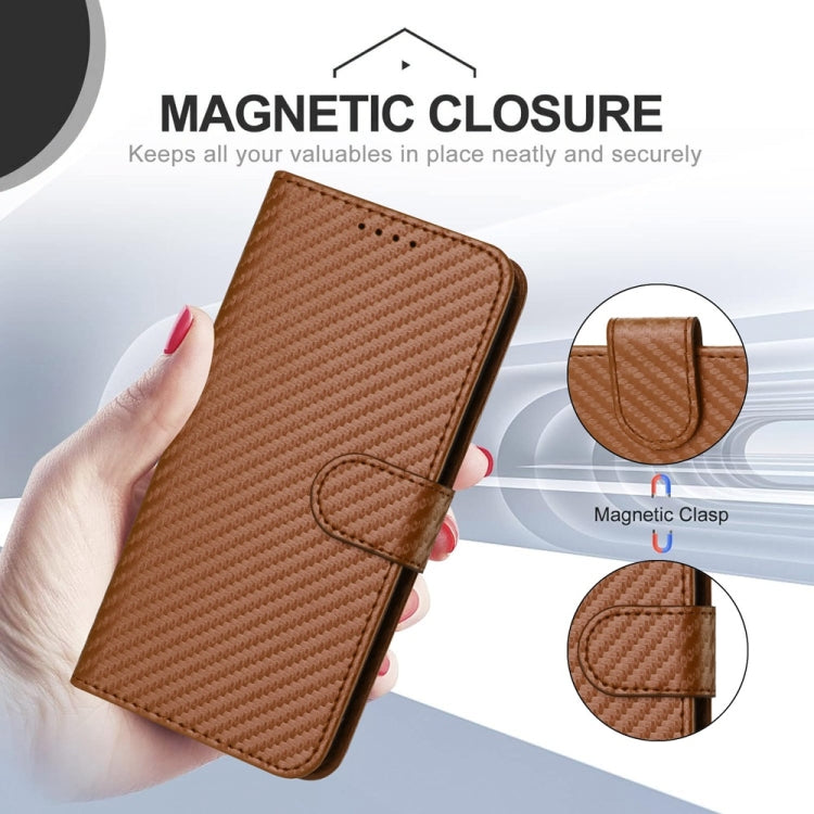 For iPhone 16 Plus YX0070 Carbon Fiber Buckle Leather Phone Case with Lanyard(Coffee) - iPhone 16 Plus Cases by buy2fix | Online Shopping UK | buy2fix