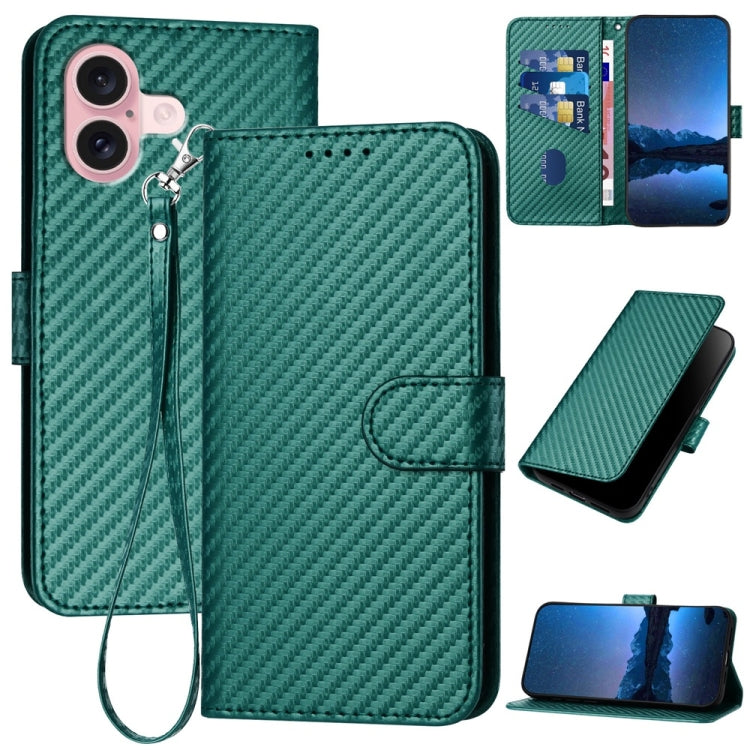 For iPhone 16 YX0070 Carbon Fiber Buckle Leather Phone Case with Lanyard(Dark Green) - iPhone 16 Cases by buy2fix | Online Shopping UK | buy2fix