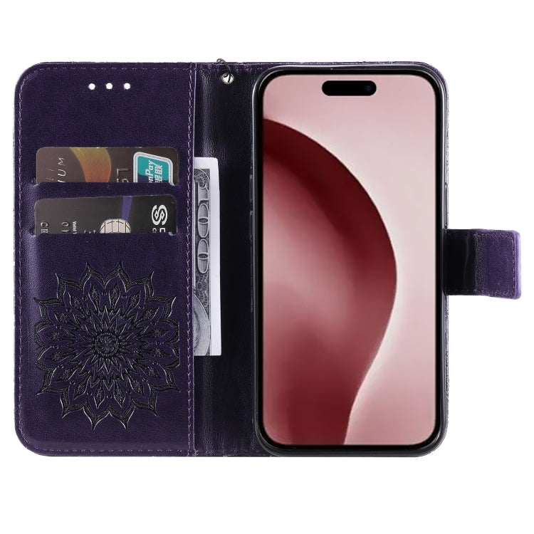 For iPhone 16 Pro Embossed Sunflower Pattern Flip Leather Phone Case(Purple) - iPhone 16 Pro Cases by buy2fix | Online Shopping UK | buy2fix